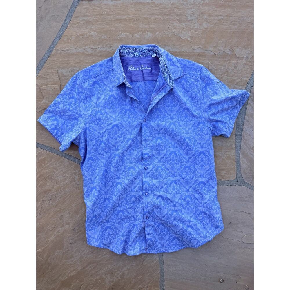Mens Robert Graham short sleeve shirt L cotton/spandex blue paisley CC